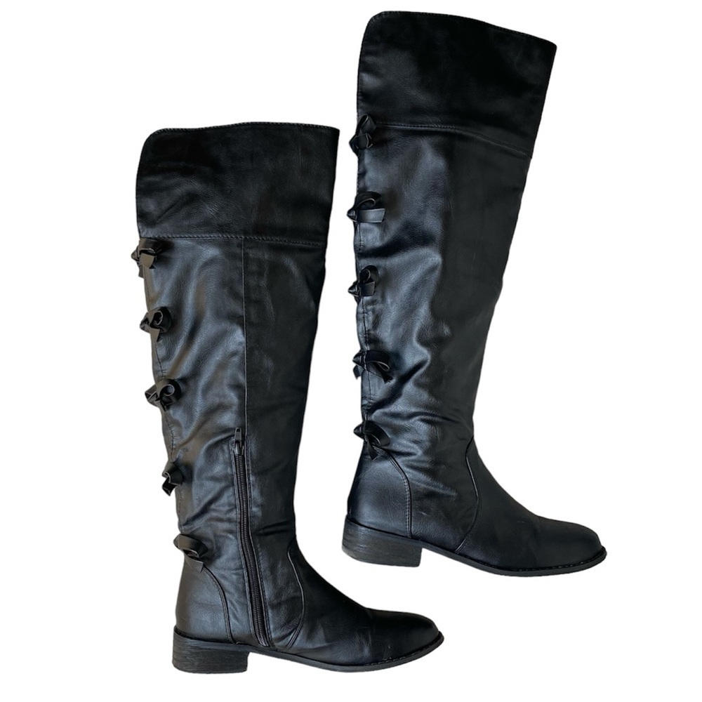 A.X.N.Y. Knee High Boots Bow Back Black Vegan Leather Women Size 7 - Picture 5 of 14